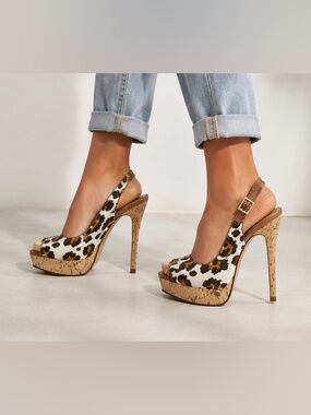 Schutz Leopard Print Cork Platform Slingback Heels Size 6 Animal Print